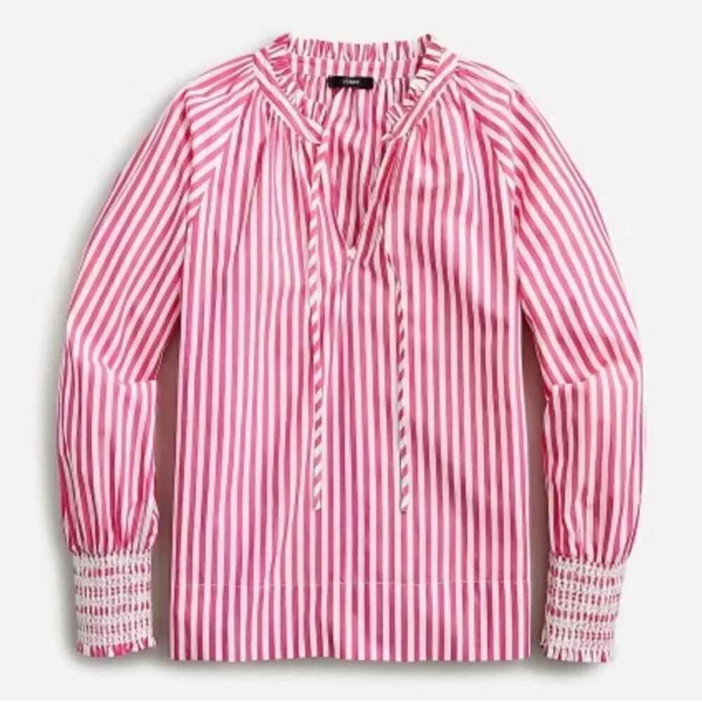 J. Crew Smocked-cuff popover top in stripe Pink Striped Camisole